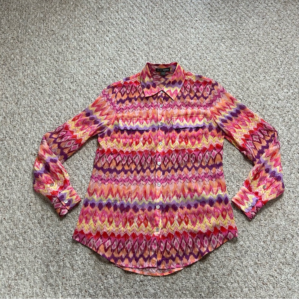 Go Silk Petite Sheer Button Up Blouse Womens Small Lightweight Geometric Top